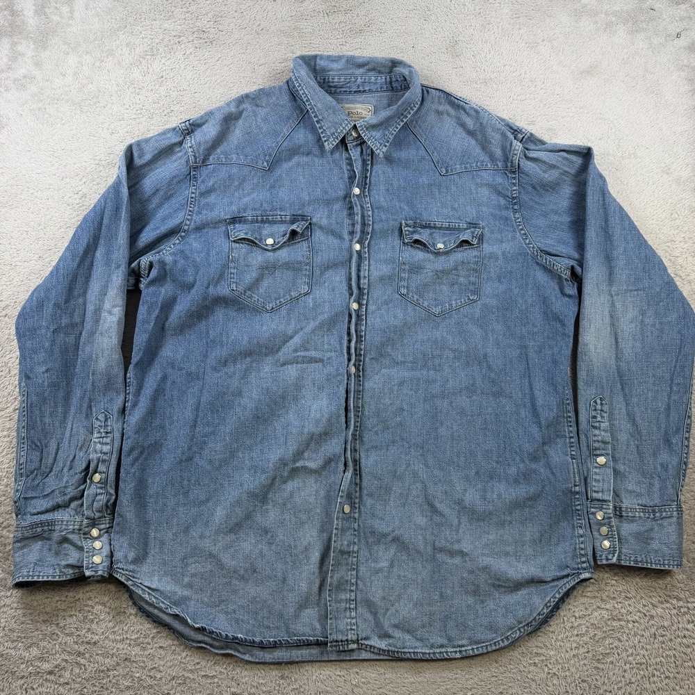 Polo Ralph Lauren Shirt Men 2XL Blue Denim Pearl Snap Long Sleeve Pocket Western